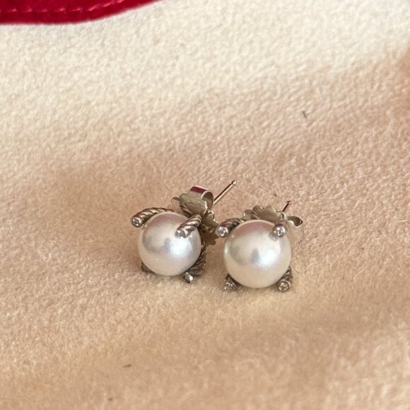David Yurman Cable Pearl & Diamond Stud Earrings – Sterling Silver - Picture 5 of 11
